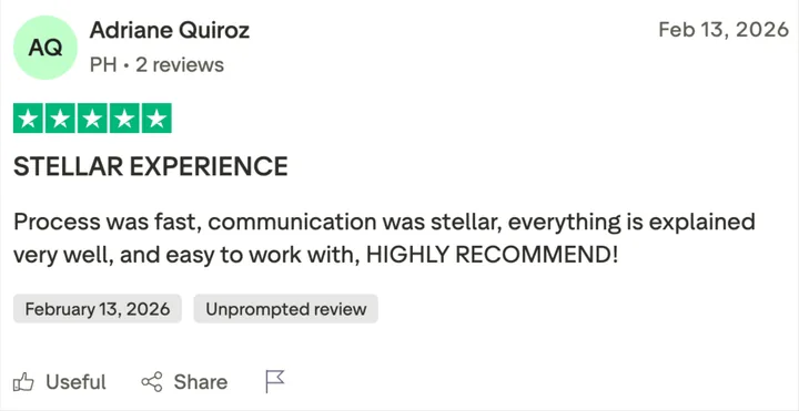 Trustpilot review by Adriane Quiroz: Stellar experience