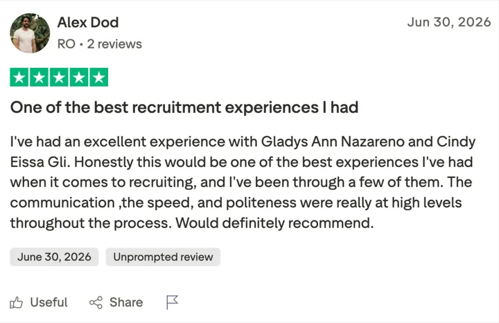 Trustpilot review by Alex Dod: One of the best recruitment experiences I had
