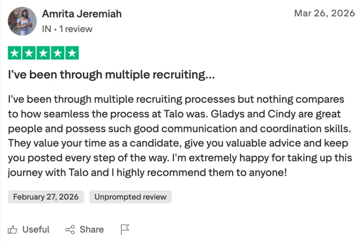 Trustpilot review by Amrita Jeremiah: I've been through multiple recruiting processes