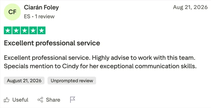 Trustpilot review by Ciarán Foley: Excellent professional service