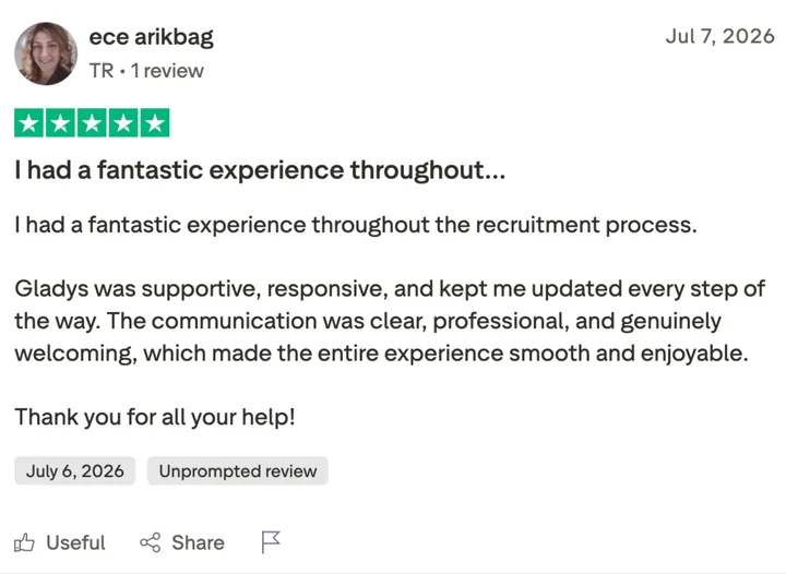 Trustpilot review by Ece Arikbag: I had a fantastic experience throughout