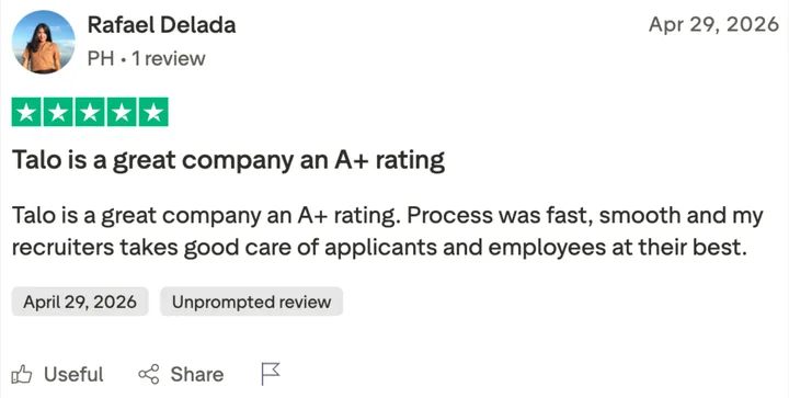 Trustpilot review by Rafael Delada: Talo is a great company, an A+ rating