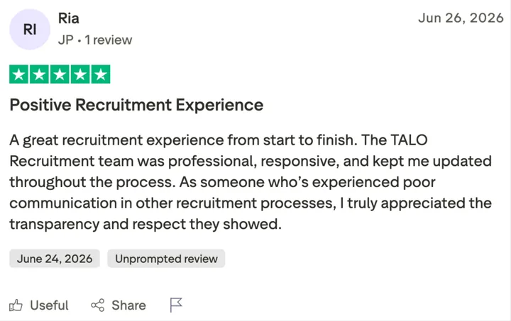 Trustpilot review by Ria: Positive recruitment experience