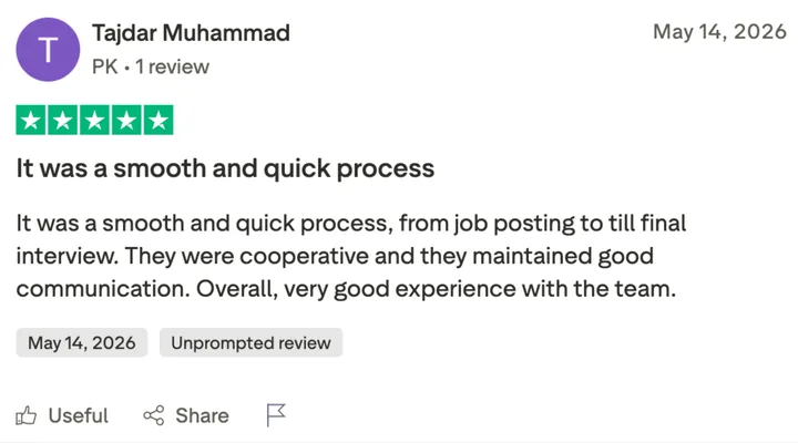Trustpilot review by Tajdar Muhammad: It was a smooth and quick process